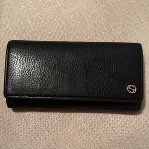 Gucci Black Pebbled Leather Continental Wallet with Gold GG Accent